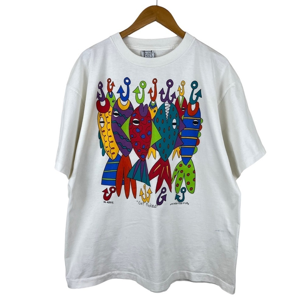 VTG MIS-TEE-V-US Women's White Graphic Fish Single Stitch 90's T-Shirt Sz XL